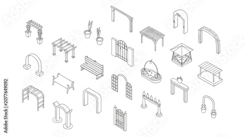 Garden architectural structures collection displaying wooden pergolas, park benches, decorative arches, and gazebos for outdoor landscape planning and backyard design projects.