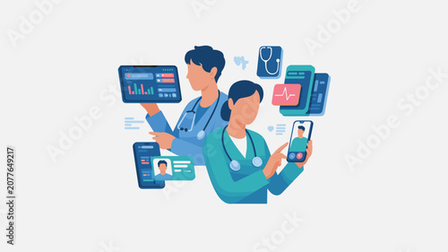 Modern telemedicine and telehealth services featuring medical professionals with digital tablets and smartphones for remote patient consultation.