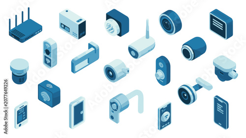 Home monitoring and surveillance systems featuring isometric security cameras, mobile phones, and smart doorbells in blue tones for residential safety.