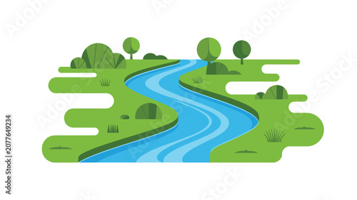 Winding blue river meandering through lush landscape with scattered trees, bushes, and grass for peaceful illustration and design.