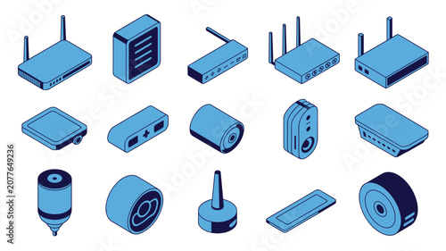 Modern home automation technology featuring isometric routers, sensors, and security cameras in blue monochrome for smart home connectivity.