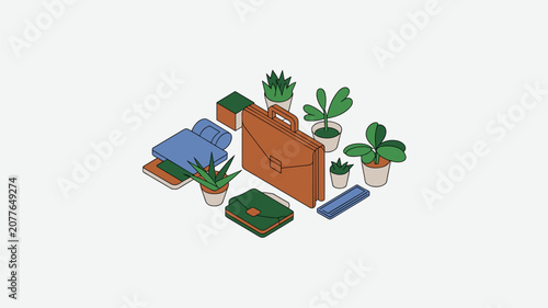 Professional office workspace featuring leather briefcase, green potted plants, and notebook arranged in isometric view for business lifestyle concept.