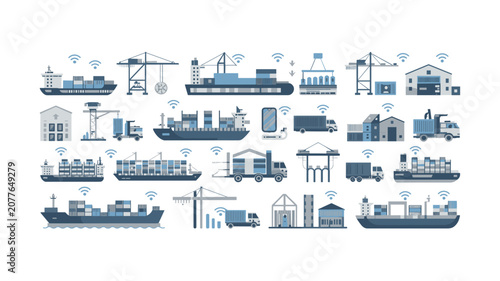 Multimodal transportation network displaying cargo ships, delivery trucks, industrial cranes, and warehouse buildings for integrated supply chain connectivity.