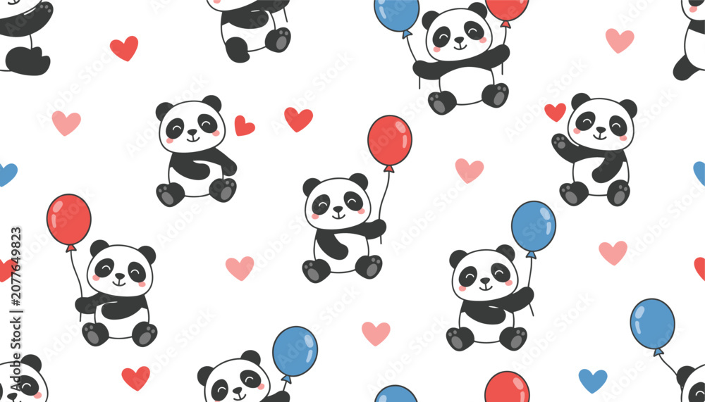Obraz premium Seamless pattern featuring adorable cartoon pandas holding colorful balloons surrounded by tiny sweet hearts.