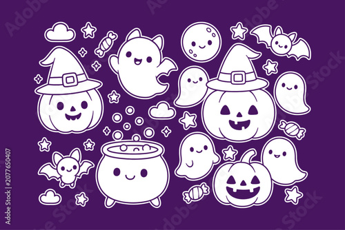 Fotografía Cute white line art stickers featuring happy pumpkins wearing witch hats, smilin