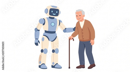 A friendly, light-colored robot gently assists an elderly man who uses a cane. This illustration depicts robotic assistance and companionship.


