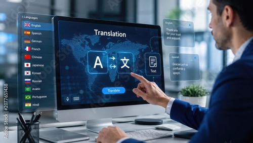 Fototapeta Business professional using desktop translation software with touchscreen interface, world map background, language list and translation icons