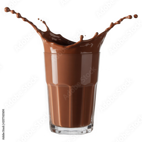 Chocolate milk splash in glass isolated on transparent background