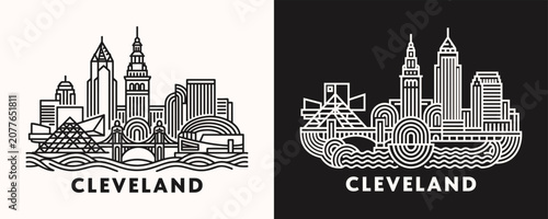 Fotografía Cleveland Ohio city skyline line art illustration with downtown buildings and ar