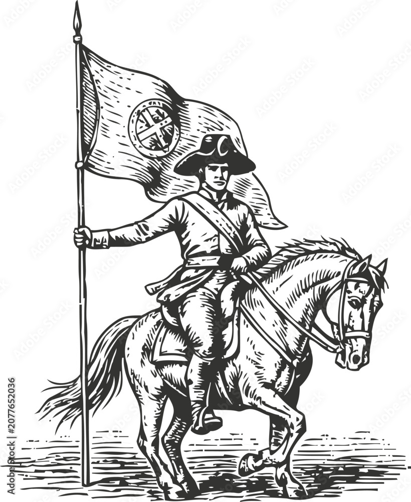 Fototapeta premium Vintage engraving of a soldier on horseback holding a flag with military uniform and hat