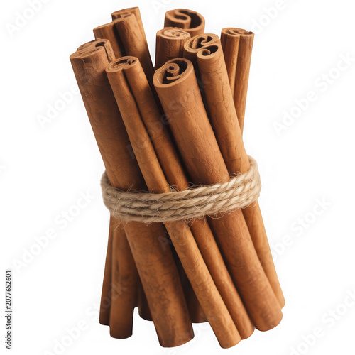 Bunch of cinnamon sticks tied with twine isolated on transparent background