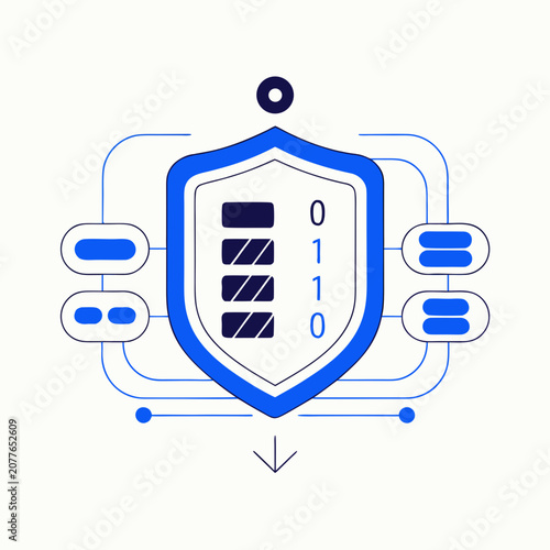 Futuristic Cyber Security Shield with Binary Code and Data Encryption Technology Illustration