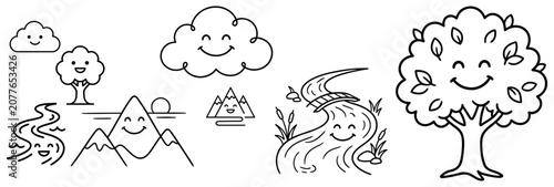 Whimsical nature elements with smiling faces