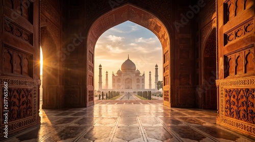 A breathtaking view of the Taj Mahal at sunrise, perfectly framed by the intricate red sandstone arches of the mosque balcony as morning light bathes the monument in gold.