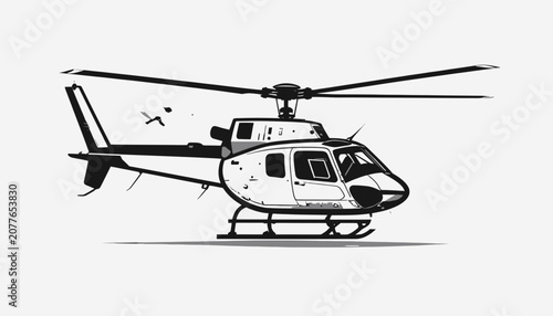 A white helicopter with rotor blades.