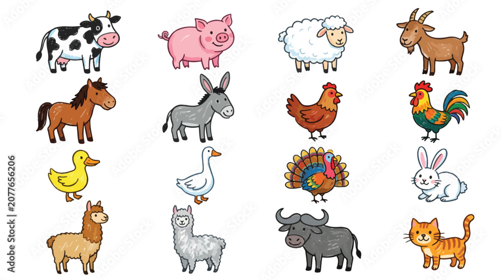 Fototapeta premium Cute Crayon Farm Animals Collection Hand Drawn Kids Style Vector