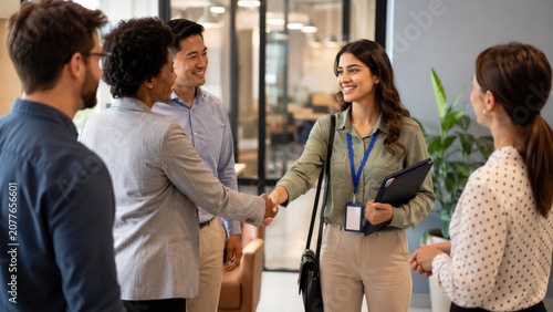 Professional colleagues greeting with handshake in a modern office, smiling and introducing a new team member during onboarding