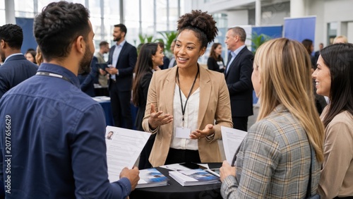 Recruiter engaging job seekers at a busy career fair with resumes and brochures on a networking booth