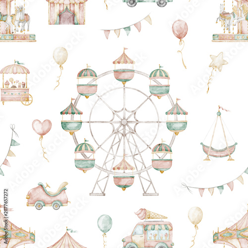 Amusement park seamless watercolor pattern with Ferris wheel, balloons and carnival elements in gentle pastel palette. Fair background for nursery wallpaper, baby textiles, and party design