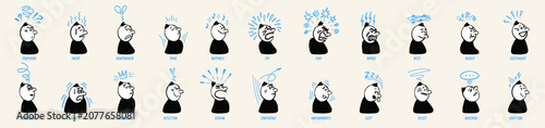 Fotografie Comic doodle character faces set with expression and motion effects showing emotions like confusion, happiness, and fury in a clean hand drawn style