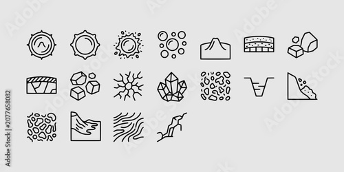 Obraz na plátně Icon set collection of environmental and geological diagrams showing phenomena like volcanic cones, erosion, water flow, and crystal structures, suitable for earth science materials
