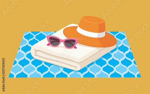 Summer Beach Towel With Sun Hat And Pink Sunglasses Layout