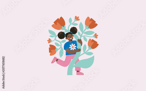Happy African American Girl Hugging Giant Flower Plant Vector Illustration