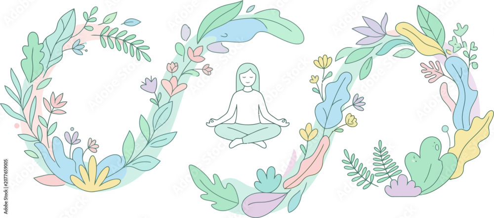 Obraz premium Relax Healthcare & Wellness with Nature Plants – Simple Flat Vector Illustration of Healthy Lifestyle, Mental Wellbeing, Self Care and Natural Healing