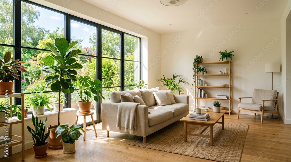 Fototapeta premium Sunlit room features cozy sofa, wooden accents, lush plants; large windows overlook green scenery outside