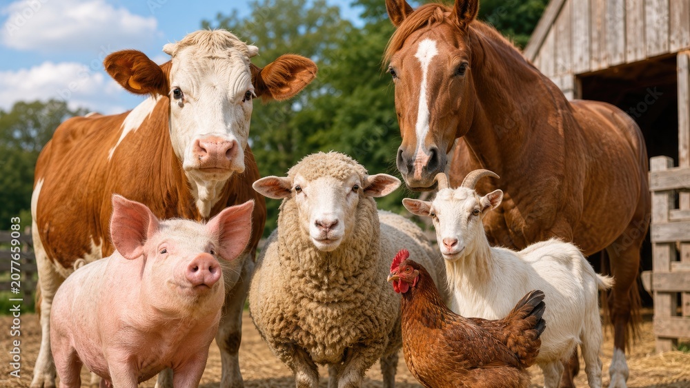 Obraz premium Group of farm animals including cow, horse, pig, sheep, goat and chicken in a sunny barnyard setting