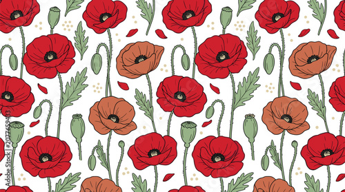 Foto Elegant Seamless Poppy Floral Pattern with Botanical Wildflowers, Blooming Red P
