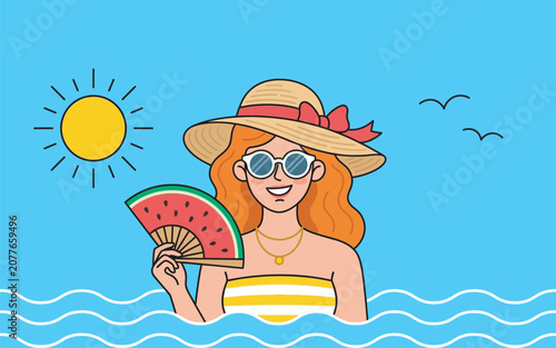 Happy Girl With Straw Hat And Sunglasses Relaxing In Ocean Waves