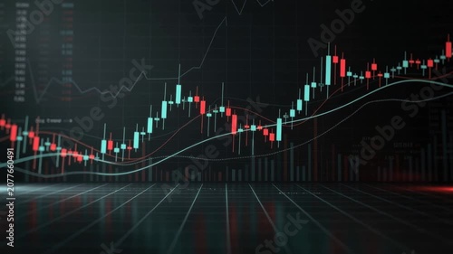 Stock market trading chart with candlestick patterns and financial data analysis background