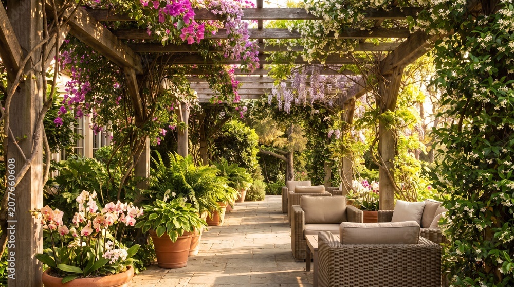 Fototapeta premium Sunlit pergola with lush greenery, vibrant flowers, and cozy seating creates a tranquil garden escape