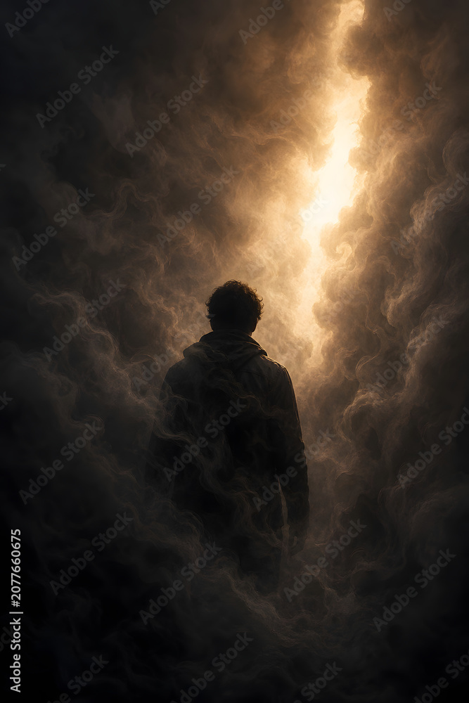 Obraz premium Silhouette Facing Light Through Swirling Smoke Prison