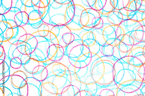 Colour crayon pencil hand drawn circle lines on white background