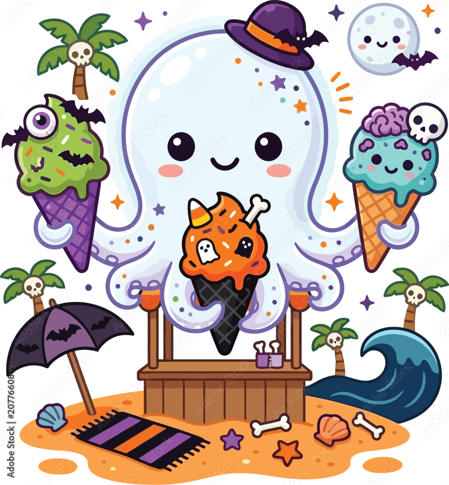 Naklejka premium Octopus vendor serves spooky ice cream cones on a sunny tropical beach.
