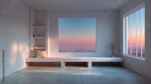 Dreamy modern window seat interior with pink sunset sky city view. Cozy built-in bench with pillows, soft natural light, and minimalist home decor.