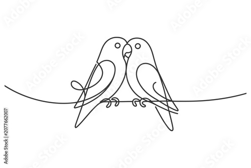 Fotografie Two lovebirds sitting together on a wire line drawing illustration with lovebird