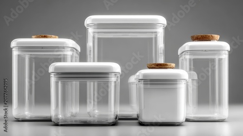 Set of transparent plastic storage containers with black locking lids. Stackable and modular design for organized kitchen food storage or pantry organization.