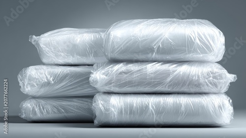 Stack of neatly folded white towels or linens wrapped in clear plastic packaging. Minimalist studio shot on a white table against a gray background, emphasizing cleanliness and hygiene.