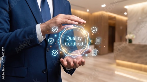 Quality Certification Badge Displayed by Businessman Hands with Glowing Digital Compliance Seal, Holographic Approval Icons, Corporate Governance, Audit Success, Trust and Business Excellence Concept