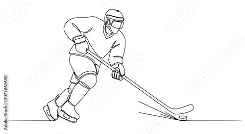 Photography Continuous line drawing of an ice hockey player skating and hitting a puck