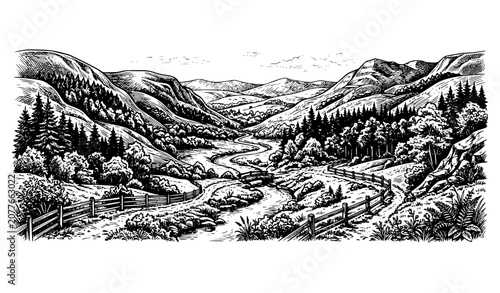 Panoramic Forest Hill Landscape Black and White Hand Drawn Sketch Vector Illustration