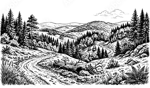 Vintage Forest Valley and Rolling Hills Black White Landscape Sketch Vector