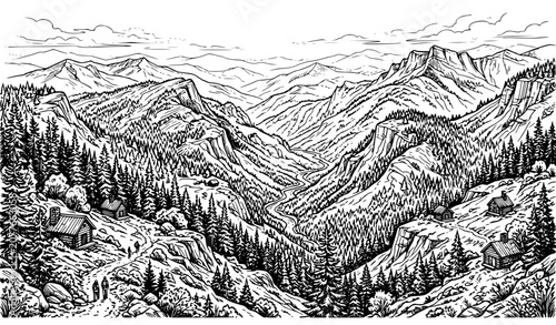 Forested Hill Range Panoramic Black and White Landscape Sketch Vector Illustration