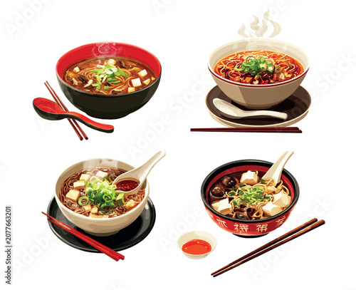Ramen noodle soup cartoon vector set. Bowl chopstick food meal dinner lunch hot spicy asian japanese chinese oriental cuisine meat tofu mushroom vegetable ingredient diet nutrition isolated on white