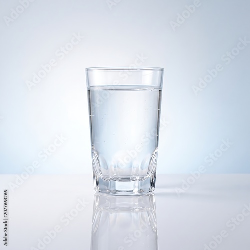 Clear glass filled with refreshing plain water, reflecting light on a bright white background.
