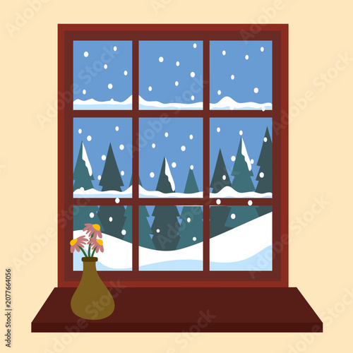 Snowy Winter Landscape View Through Window Illustration