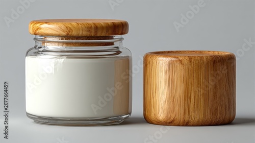 Glass jar with wooden lid filled with white powder on dark wooden table. Rustic kitchen storage for flour, sugar, or salt, with nuts and scoop.